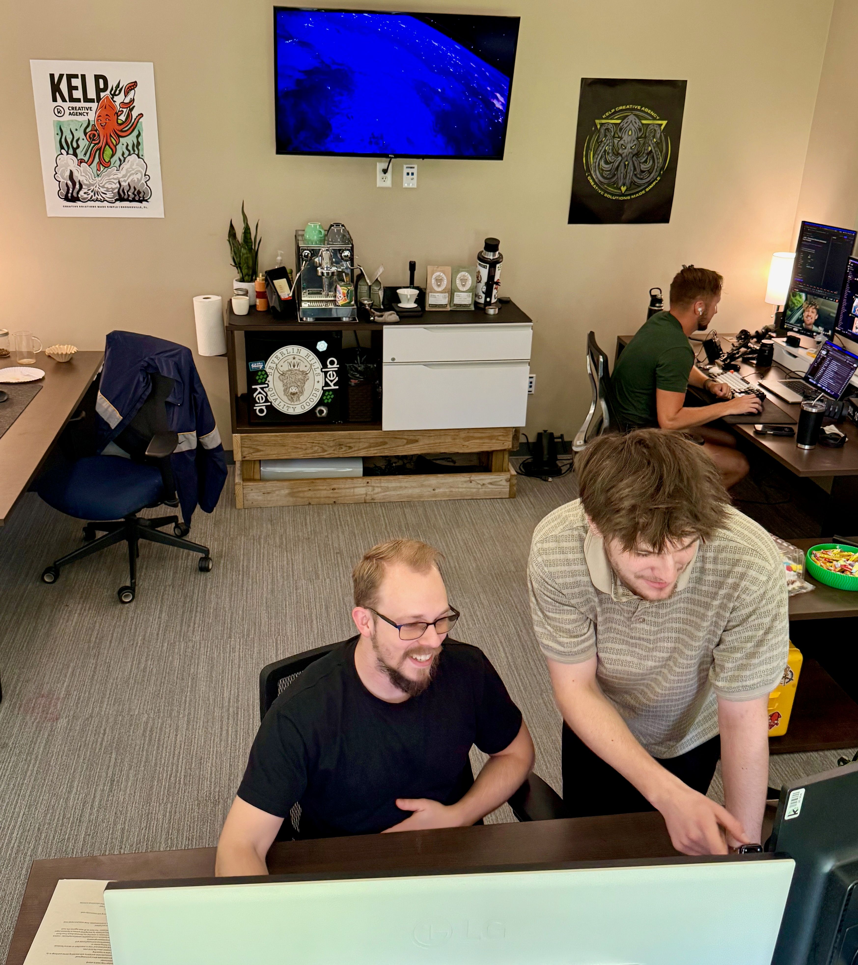 Team collaborating around a desk